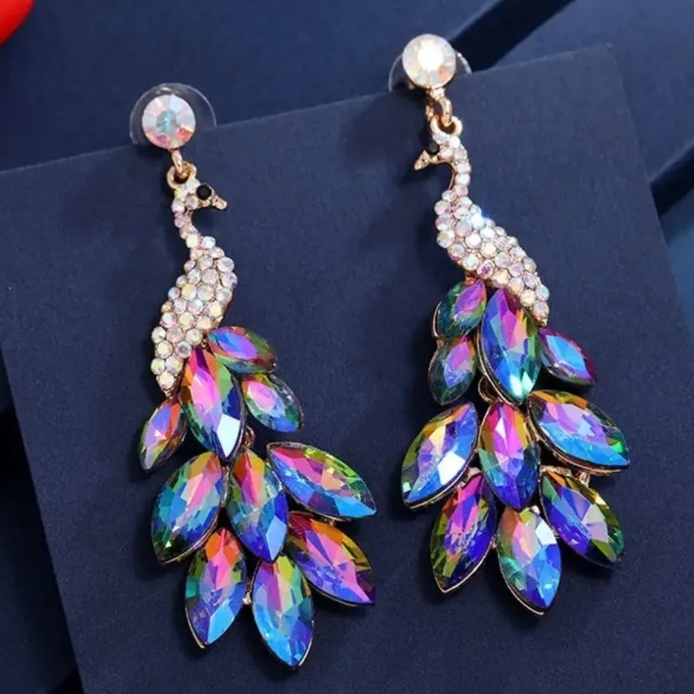 Peacock Statement Dangle Earrings Sparkly Rhinestone Glam I NWT